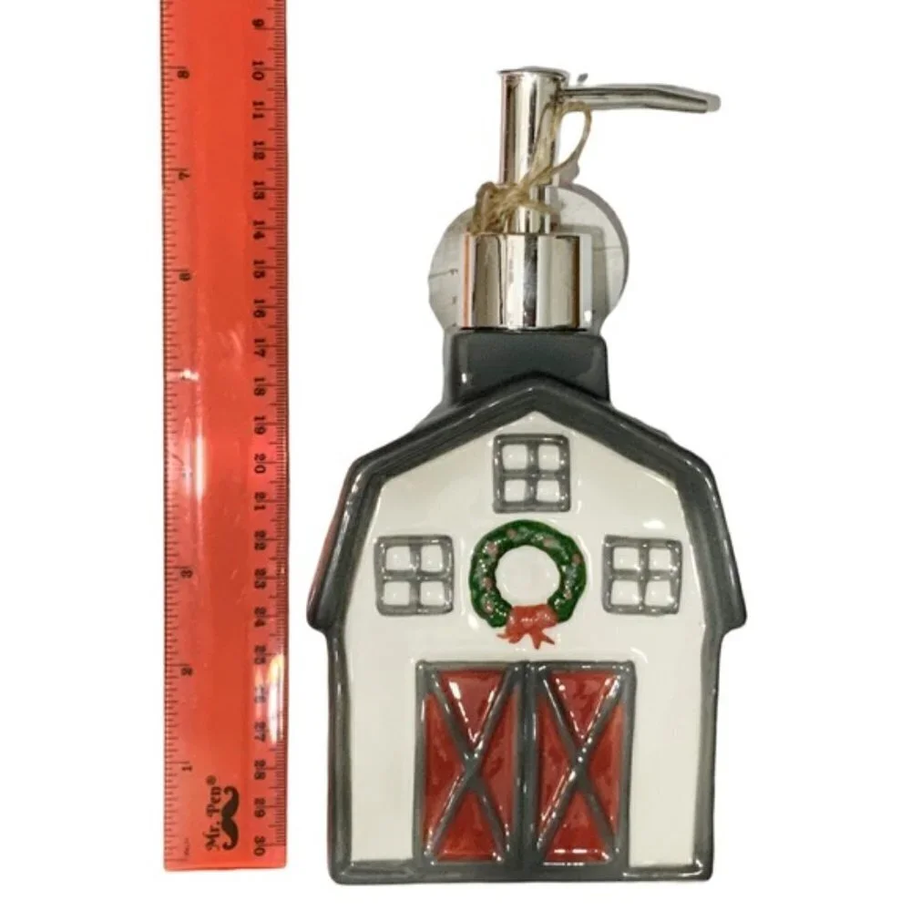 Christmas Barn Soap Lotion Dispenser Ceramic Hand Painted Gift Grey Wreath Re…